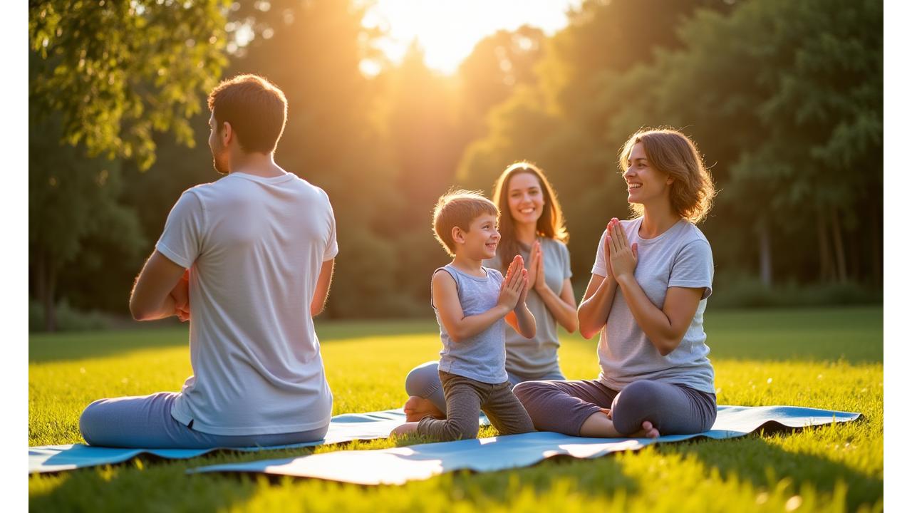 Joyful family practicing outdoor yoga together in a sunny park with green grass and trees