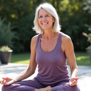 Woman, Maria P., doing a seated pose comfortably on an outdoor yoga mat, looking peaceful.