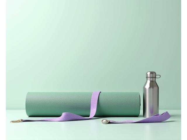 Essential yoga accessories: a sage green yoga mat, a lavender strap, and a stainless steel water bottle, arranged neatly.