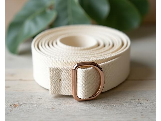 Close-up of a classic cotton yoga strap with D-ring buckle, on a natural wood surface