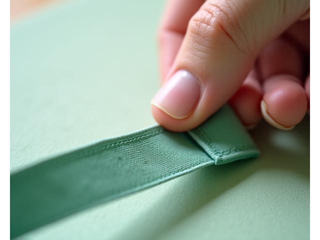 Close-up of a yoga strap, with a hand pointing to a small frayed area, indicating signs of wear